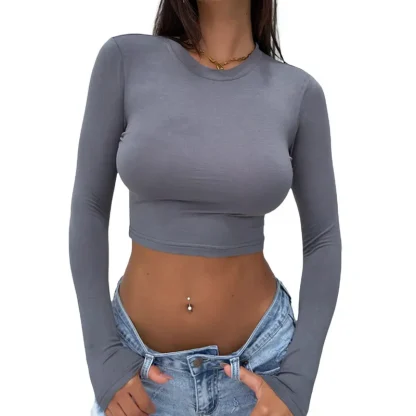 Plain Color Long Sleeve Crop Top - Image 3