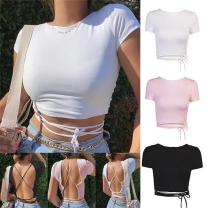 Chic Backless Plain Top with Tie Waist - Image 2