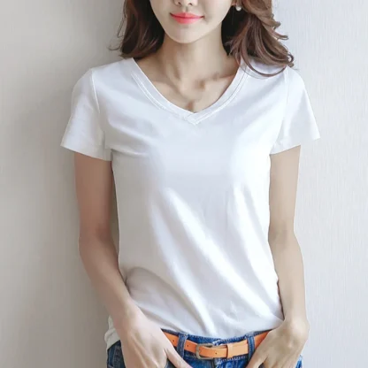 Women's Basic Plain V-neck T-shirt - Image 2