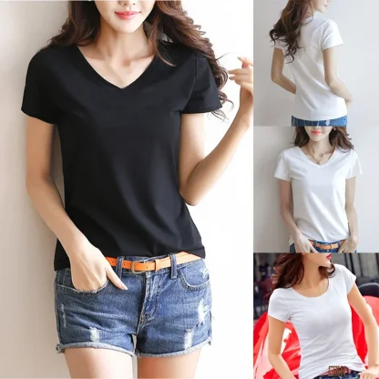 Women's Basic Plain V-neck T-shirt - Image 7