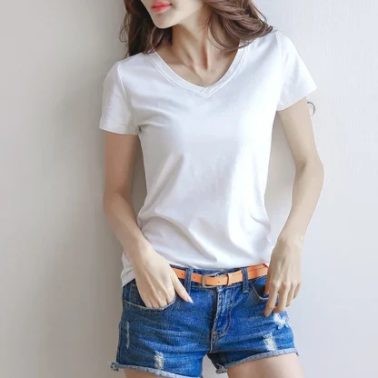 Women's Basic Plain V-neck T-shirt - Image 9