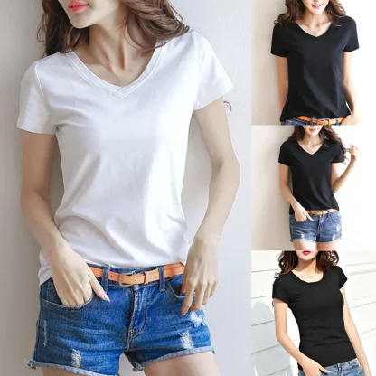 Women's Basic Plain V-neck T-shirt - Image 5