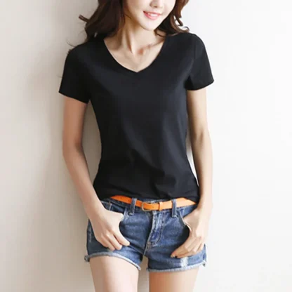 Women's Basic Plain V-neck T-shirt - Image 10