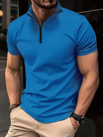 Solid Color Polo Shirt with Zippered Neckline - Image 4