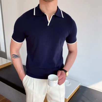 Slim-Fit Plain Color Polo Shirt with Short Sleeve - Image 8