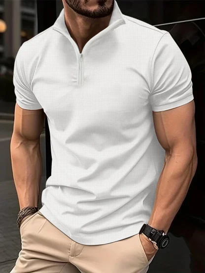 Solid Color Polo Shirt with Zippered Neckline - Image 6