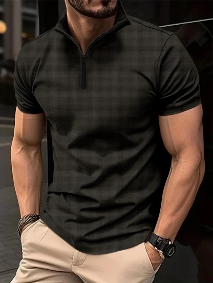 Solid Color Polo Shirt with Zippered Neckline - Image 3