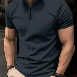 Solid Color Polo Shirt with Zippered Neckline