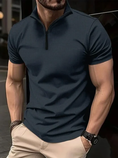 Solid Color Polo Shirt with Zippered Neckline