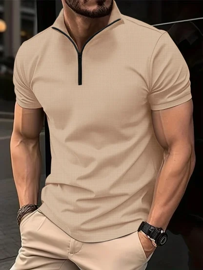 Solid Color Polo Shirt with Zippered Neckline - Image 2