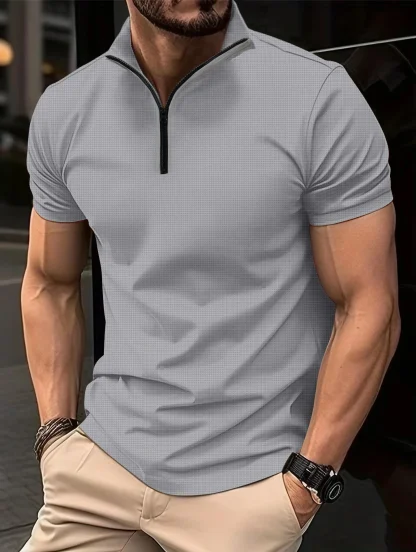 Solid Color Polo Shirt with Zippered Neckline - Image 5